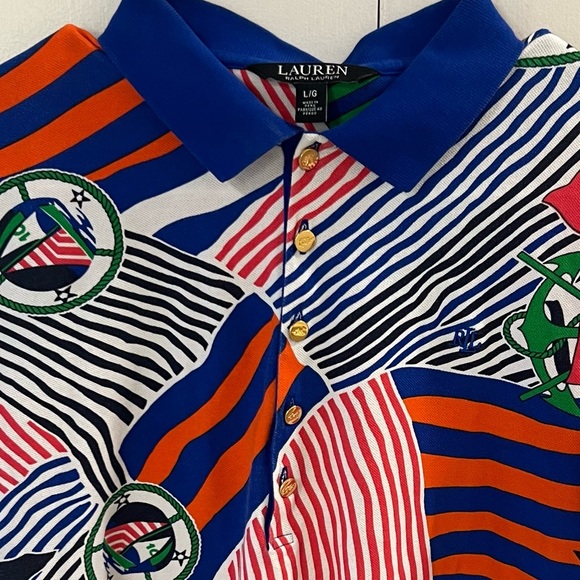 Lauren Ralph Lauren Print Piqué Polo Shirt multi-colored Sapphire Star women’s L - Picture 3 of 10